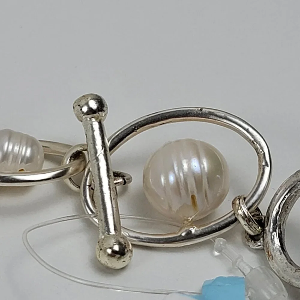 Karine Sultan Floating Pearl Necklace Silver-Tone Geometric Link 19 Inch Toggle